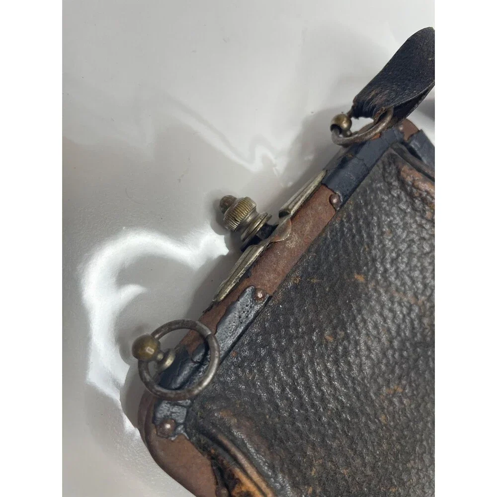 victorian Antique Chatelaine Silver Latch black Leather Purse 1890s
